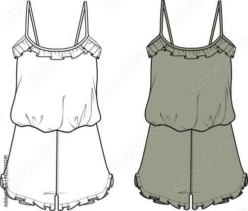 Women's Strappy, Frill Detailed Playsuit. Technical fashion illustration. Front, white, and khaki color. Women's CAD mock-up.