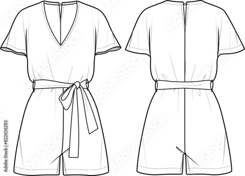 Women's V-Neck, Short Sleeve, and Self Belt Playsuit. Playsuit technical fashion illustration. Flat apparel playsuit template front and back, white color. Women's CAD mock-up.