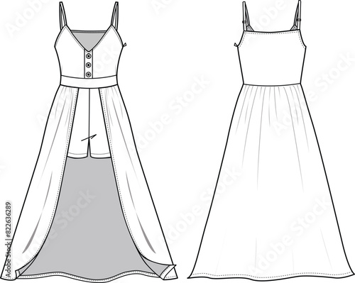 Women's Strappy Button Front Playsuit. Technical fashion playsuit illustration. Flat apparel playsuit template front and back, white color. Women's CAD mock-up.