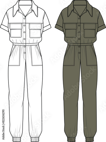 Women's Button Through, Short Sleeve Utility Jumpsuit. Technical fashion illustration. Front, khaki, and white color. Women's CAD mock-up.