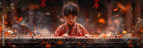 teenage boy playing traditional Chinese instrument Guzheng tranquil garden setting photographed using selective focus highlight intricate details of the instrument's strings and the musician's hands. photo