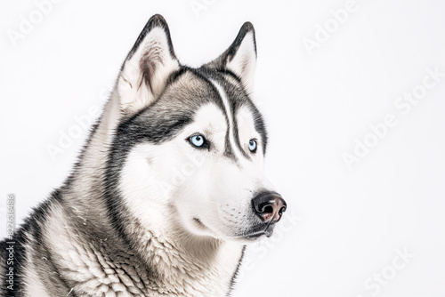 Husky in studio setting against white backdrop  showcasing their playful and charming personalities in professional photoshoot.