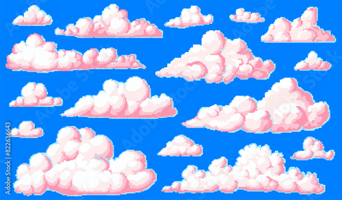 Pixel art cloud. 8 bit objects. Art, digital icons. Retro assets. Vintage game style. Set of characters. Vector illustration.