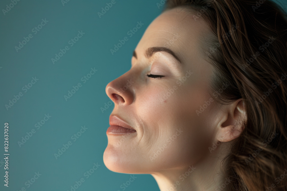 A close up of a woman 's face with her eyes closed A close up of a woman 's face with her eyes closed