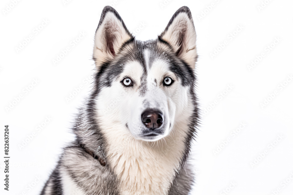 Husky in studio setting against white backdrop, showcasing their playful and charming personalities in professional photoshoot.