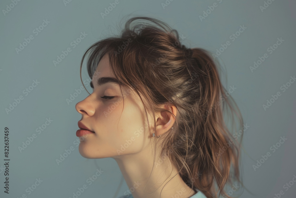 A close up of a woman 's face with her eyes closed A close up of a woman 's face with her eyes closed