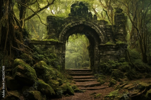 Old stone archway stands amidst lush  misty forest  evoking a mystical atmosphere