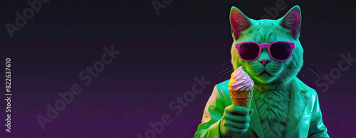 Fluffy white cat in a suit with an ice cream cone in neon lighting on a gray monochrome background