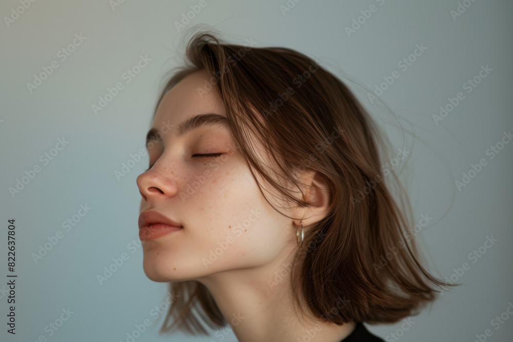 A close up of a woman 's face with her eyes closed A close up of a woman 's face with her eyes closed