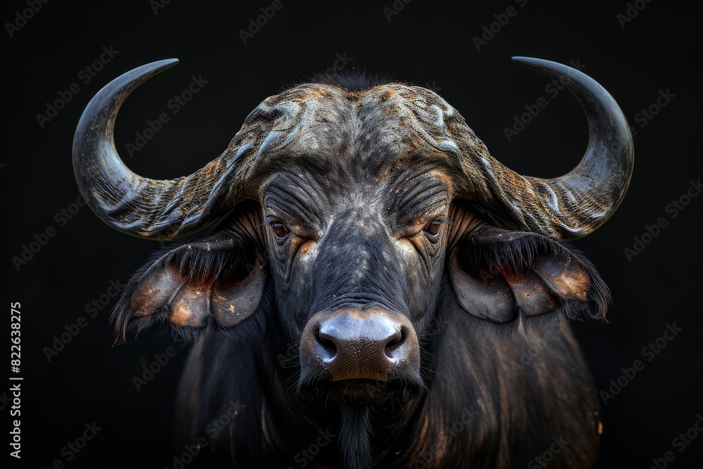 Mystic portrait of African Buffalo, copy space on right side, Anger, Menacing, Headshot, Close-up View Isolated on black background Mystic portrait of African Buffalo, copy space on right side, Anger, Menacing, Headshot, Close-up View Isolated on black background