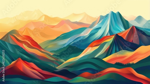 A vibrant painting of a mountain range with the sun shining through the orangetinted mountains  showcasing creative use of tints and shades and triangular shapes AIG50