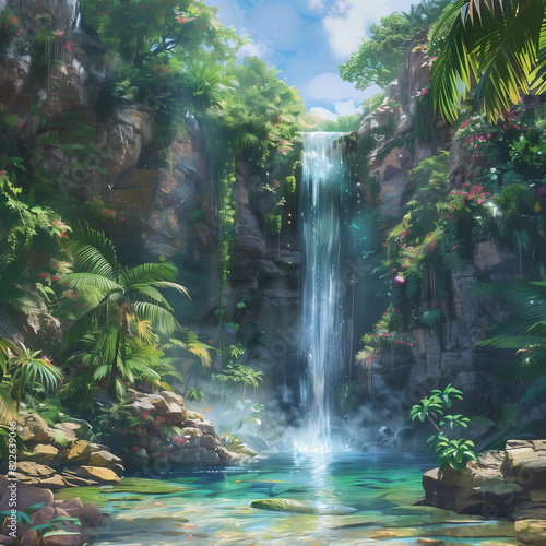 A hidden waterfall cascading down a verdant cliff into a crystal-clear pool, surrounded by a lush tropical oasis.