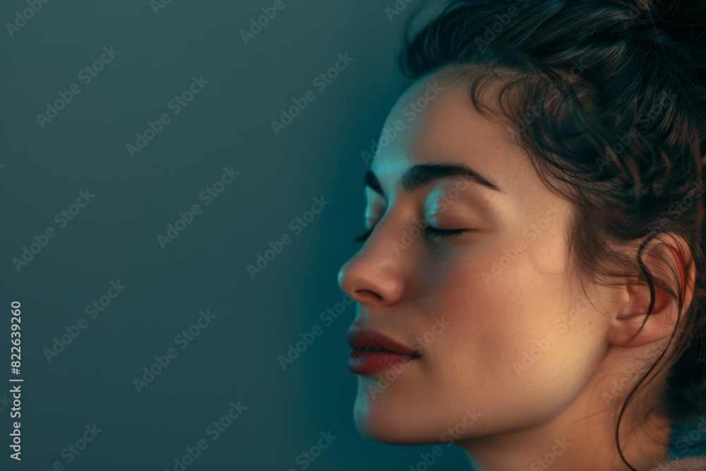 A close up of a woman's face with her eyes closed looking to a side A close up of a woman's face with her eyes closed looking to a side