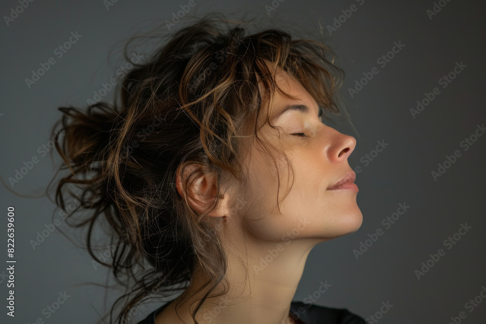 A close up of a woman's face with her eyes closed looking to a side A close up of a woman's face with her eyes closed looking to a side