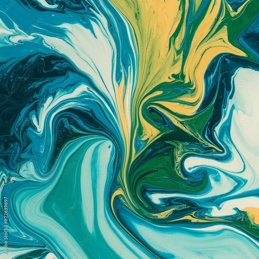 Stunning abstract fluid art with swirling shades of blue, green, and yellow, creates a dynamic and captivating visual. Ideal for contemporary decor, digital backgrounds, and artistic inspiration.