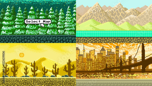 Modern city. Mountains. Cacti in the desert. Christmas trees. Pixel art 8 bit objects. landscape background for the application or a website. Retro game, Vintage banner for computer video arcades.