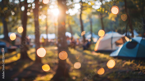 Golden hour camping bokeh. Blurred background image of a camping site bathed in the golden sunlight of early evening, featuring warm bokeh effects. photo