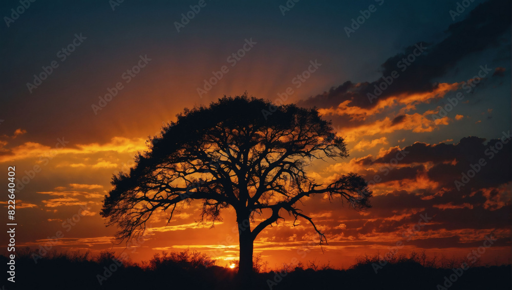 Sunset silhouette, tree standing in bold relief against the fiery hues of dusk.