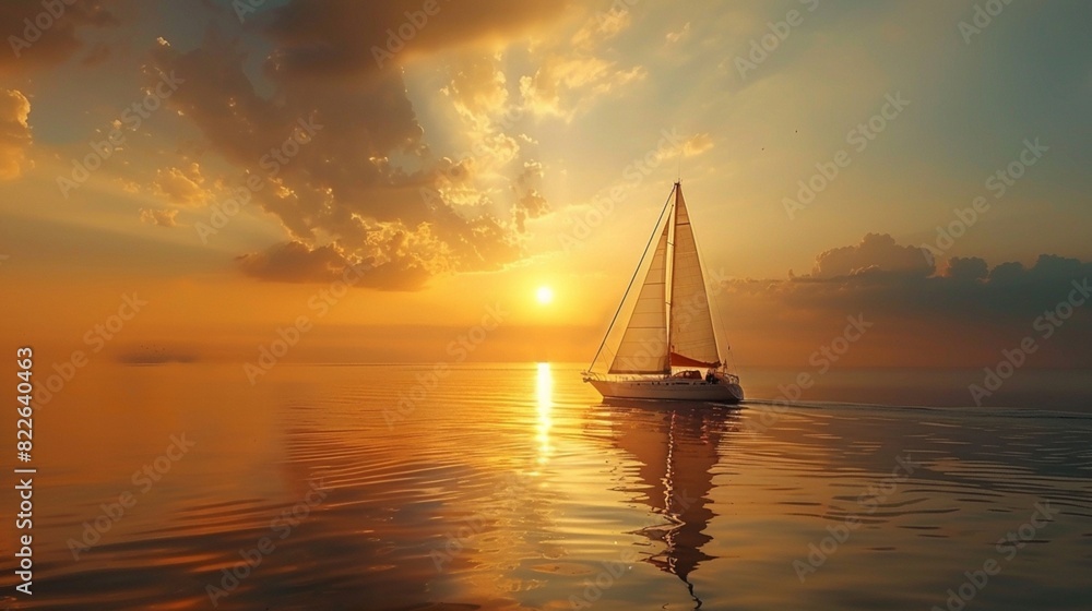Sail boat in water at sunset, sun set, evening time