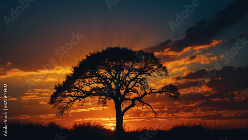 Sunset silhouette  tree standing in bold relief against the fiery hues of dusk.