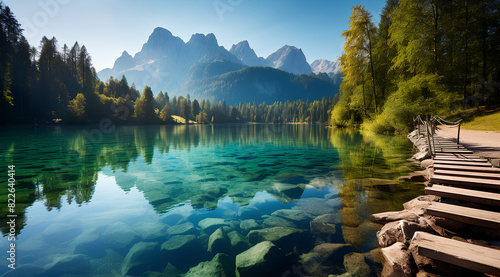 Colorful summer view of Fusine lake. Bright morning scene of Julian Alps with Mangart peak on background, Province of Udine, Italy, Europe. Traveling concept background photo