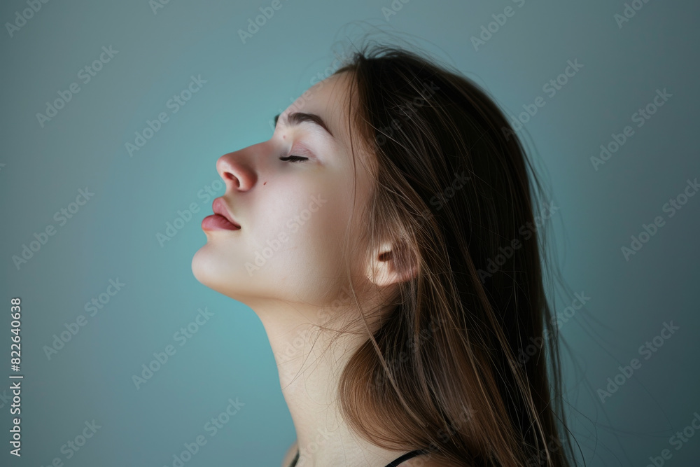 A close up of a woman's face with her eyes closed looking to a side