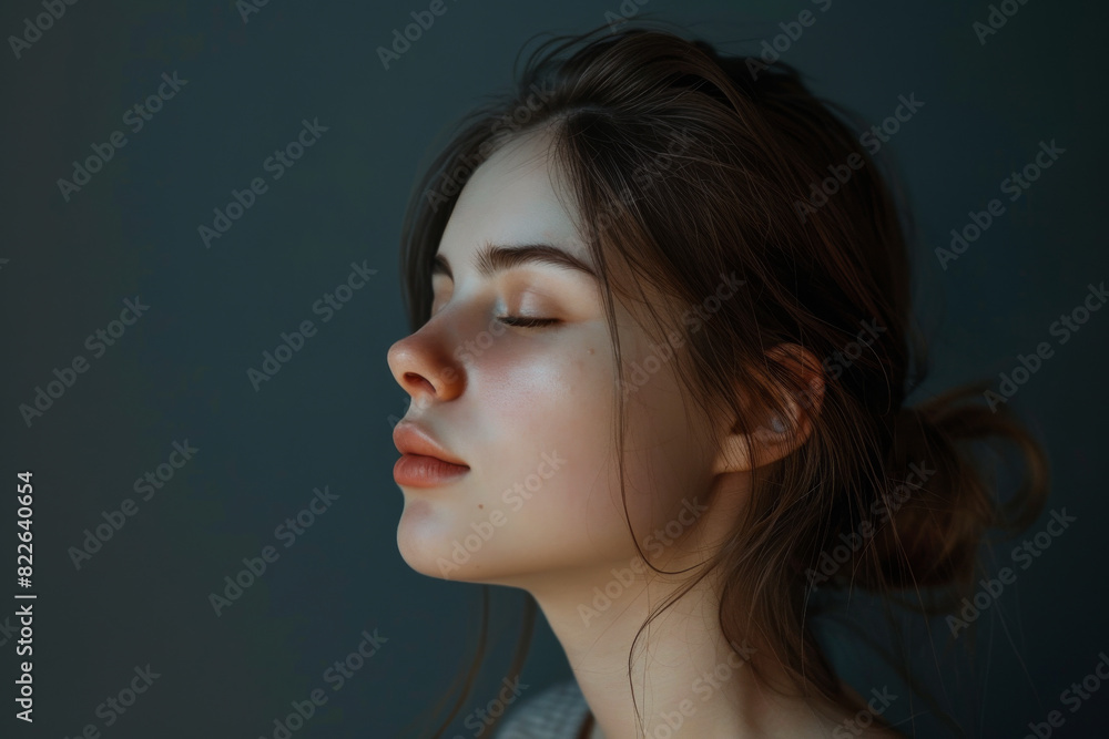 A close up of a woman's face with her eyes closed looking to a side A close up of a woman's face with her eyes closed looking to a side