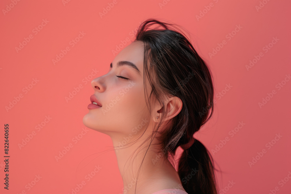 A close up of a woman's face with her eyes closed looking to a side A close up of a woman's face with her eyes closed looking to a side