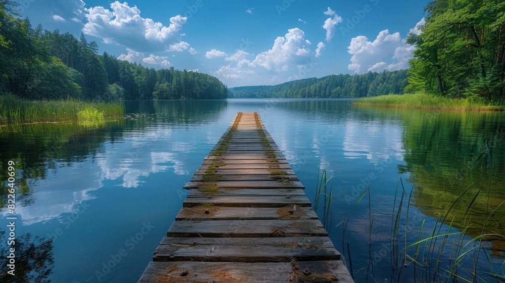 Obraz premium wooden pier by the lake with blue clouds