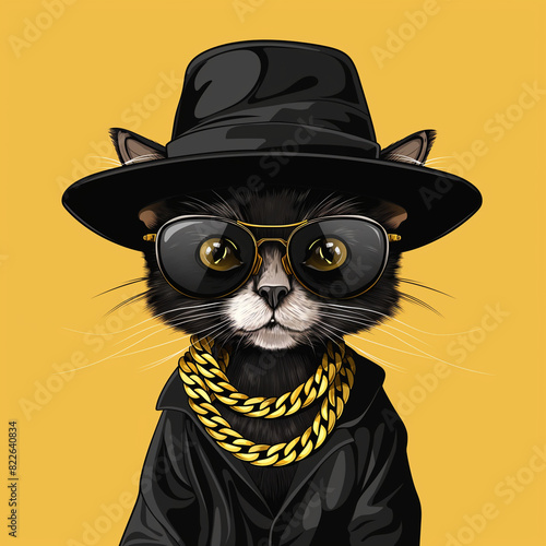 Stylish Cat Caricature, A cat NFT avatar with Black Hat and Gold Chain on Bold Yellow Background