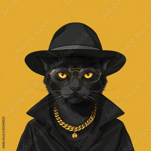 Stylish Cat Caricature, A cat NFT avatar with Black Hat and Gold Chain on Bold Yellow Background