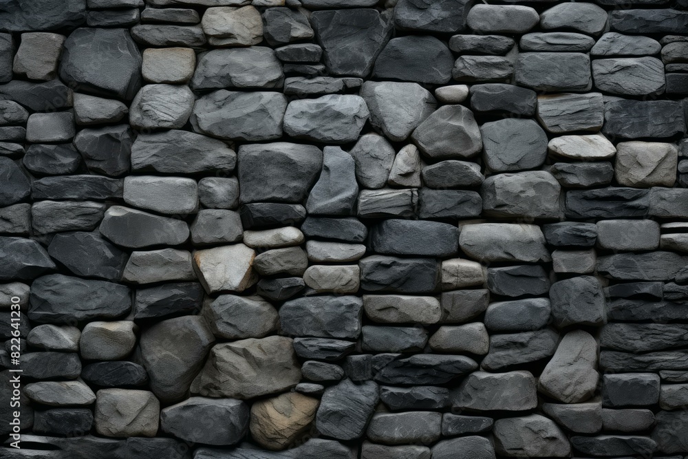Closeup of an ancient, solid, and sturdy grey stone wall with a textured surface, perfect as a seamless background for architectural and construction designs in both interior and exterior settings