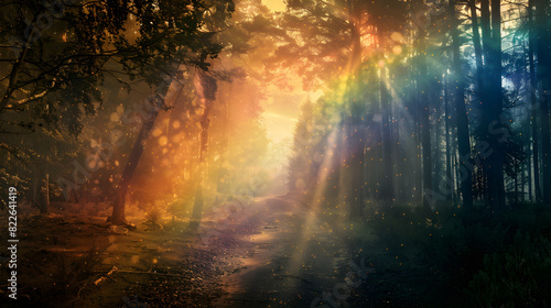 A magical rainbow in a fairy tale forest  creating a whimsical and enchanting atmosphere. Perfect for fantasy or nature-themed designs and backgrounds.
