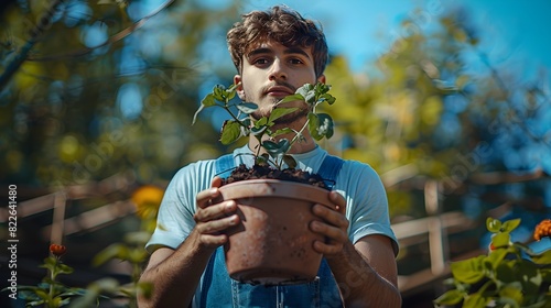 BrownHaired Youth Embracing the Soil in a Vibrant Garden Ode to Natures Renewal photo