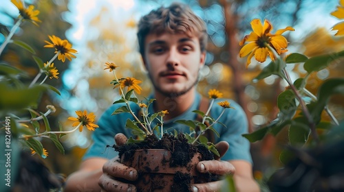 BrownHaired Youth Embracing the Joy of Gardening An Ode to Earths Sustainability photo