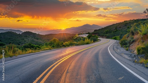 Scenic curved highway asphalt road with golden sky and mountain in the sunset © Nijat