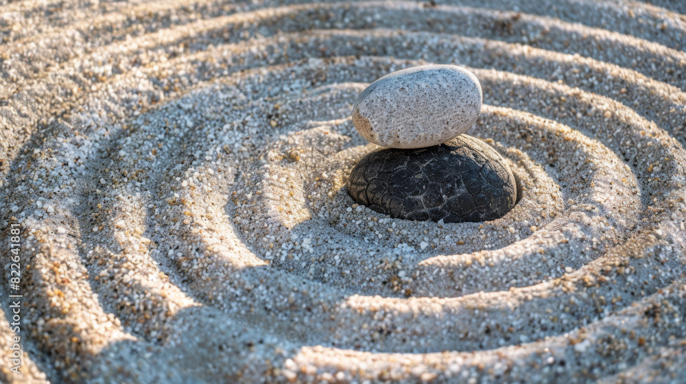 A stone placed in the center of a sand circle in a still life zen garden A stone placed in the center of a sand circle in a still life zen garden