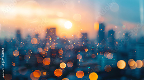 City bokeh lights sunset. Abstract urban background with colorful bokeh lights at sunset, creating a dreamy and vibrant atmosphere. photo