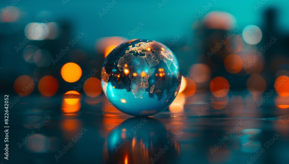 glass globe on a blue background with blurred lights, representing global connectivity and world travel for international business or environment protection Generative AI glass globe on a blue background with blurred lights, representing global connectivity and world travel for international business or environment protection Generative AI