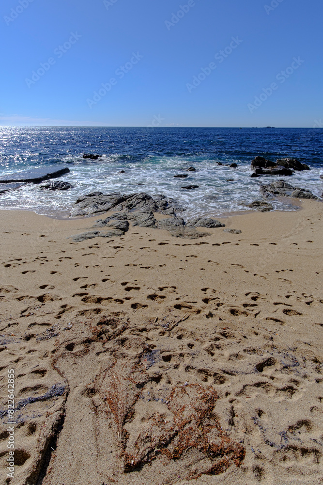 Sand beach landscape with some rocks in a quiet Mediterranean Sea holidays scene in Costa Brava, Catalonia Sand beach landscape with some rocks in a quiet Mediterranean Sea holidays scene in Costa Brava, Catalonia