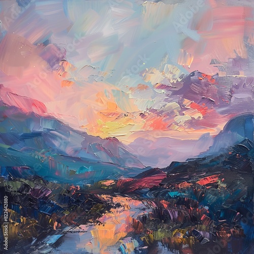 An impressionistic landscape painting of a mountain range at sunset