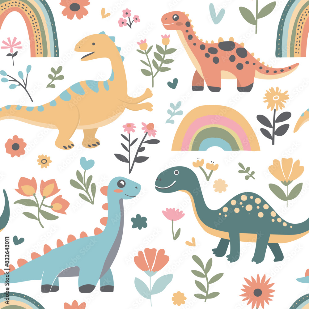 Seamless abstract pattern with hand drawn dinosaurs dino flowers Seamless abstract pattern with hand drawn dinosaurs dino flowers
