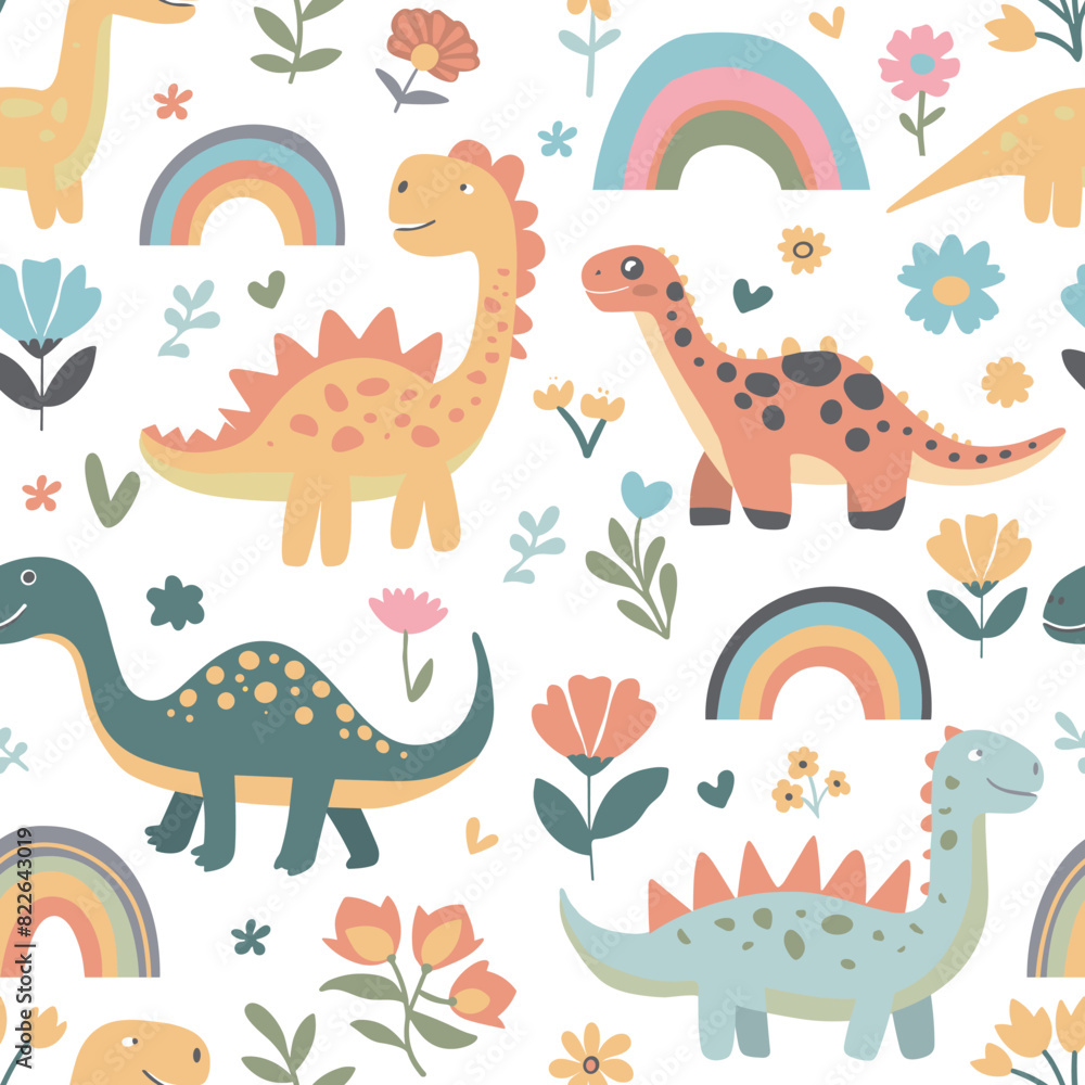 Seamless abstract pattern with hand drawn dinosaurs dino flowers Seamless abstract pattern with hand drawn dinosaurs dino flowers