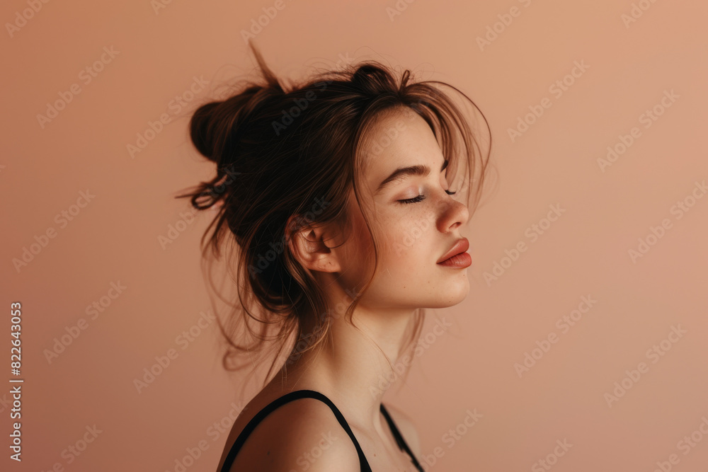 A close up of a woman's face with her eyes closed looking to a side A close up of a woman's face with her eyes closed looking to a side