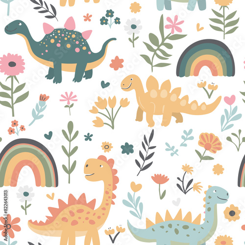 Seamless abstract pattern with hand drawn dinosaurs dino flowers