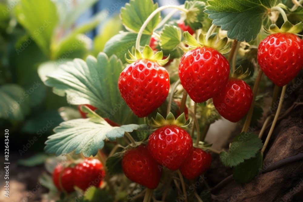 Juicy red strawberries ready for harvest, hanging amongst green leaves in a sunny garden Juicy red strawberries ready for harvest, hanging amongst green leaves in a sunny garden