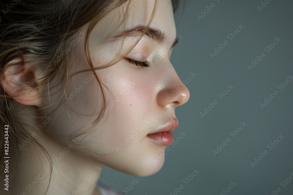 A close up of a woman's face with her eyes closed looking to a side A close up of a woman's face with her eyes closed looking to a side