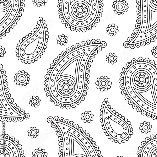 Seamless paisley pattern with traditional asian elements. Hand drawn vector background pattern.