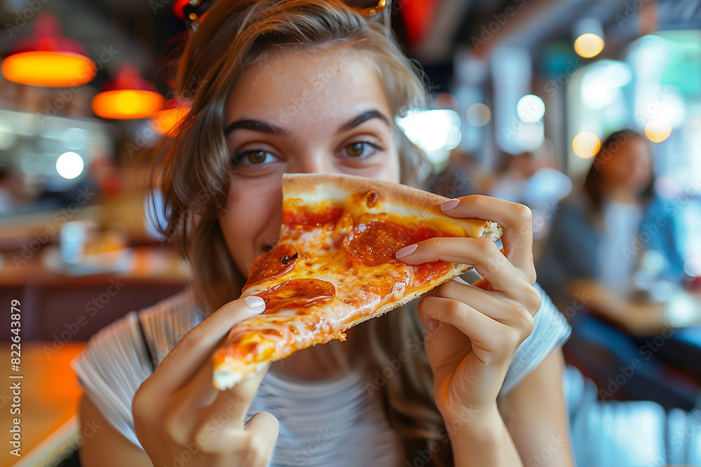 Eating giant fast food pizza, indulging in a massive and greasy dish, perfect for those craving substantial and filling food options Eating giant fast food pizza, indulging in a massive and greasy dish, perfect for those craving substantial and filling food options