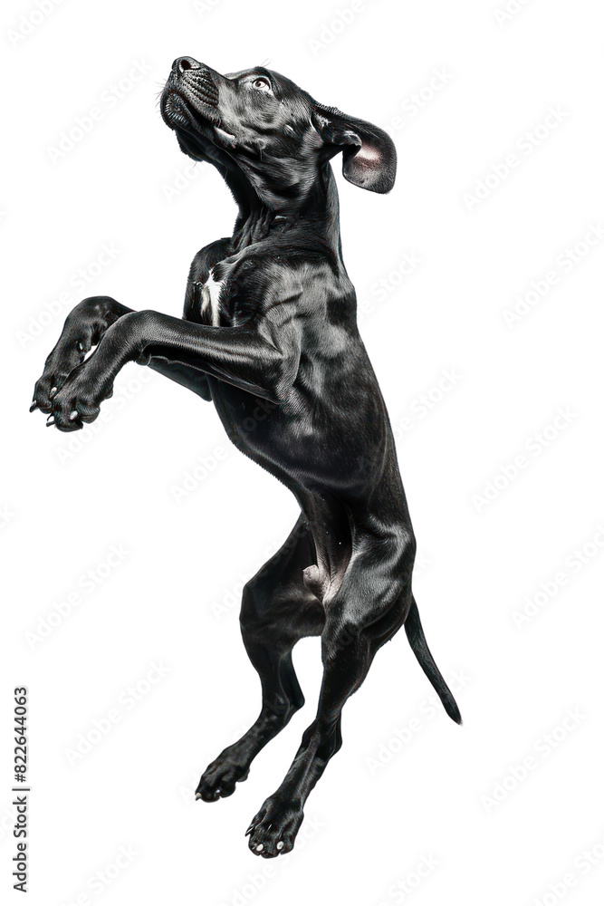 A black dog stands on its hind legs, paws raised, with a playful expression on its face. The dog is isolated on a black background. A black dog stands on its hind legs, paws raised, with a playful expression on its face. The dog is isolated on a black background.